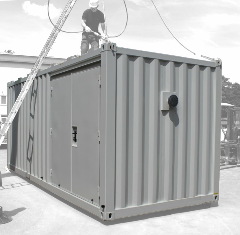 ABS intec - Technikcontainer Technikcontainer seitliche Doppeltuer Flanschanschluss Verladung Mobilitaet RAL9010 800x784 - Haustechnikcontainer