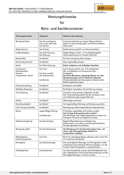 ABS intec - Technikcontainer Merkblatt fuer Bedienung Wartung Buerocontainer Sanitaercontainer ABS intec GmbH 1 - Downloads